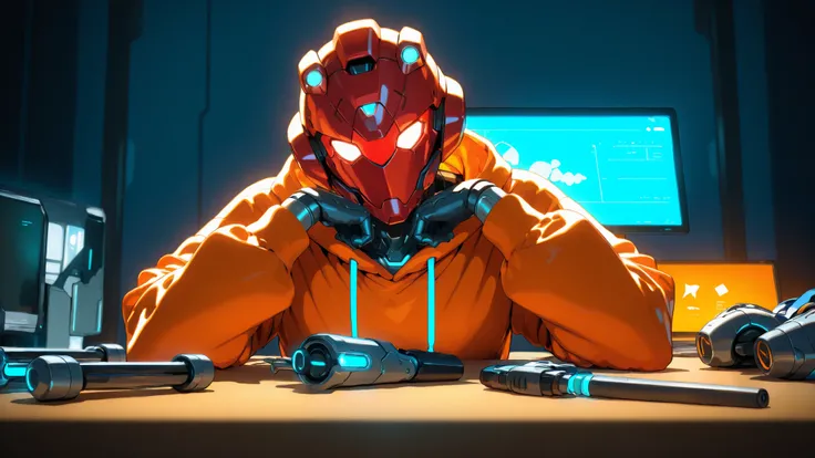 A futuristic anime-style man sitting in a high-tech workshop, wearing a bright orange hoodie and a red helmet with a digital blue face display showing expressive 2D anime-style eyes. The helmet’s screen emits a soft neon glow. The background is filled with...