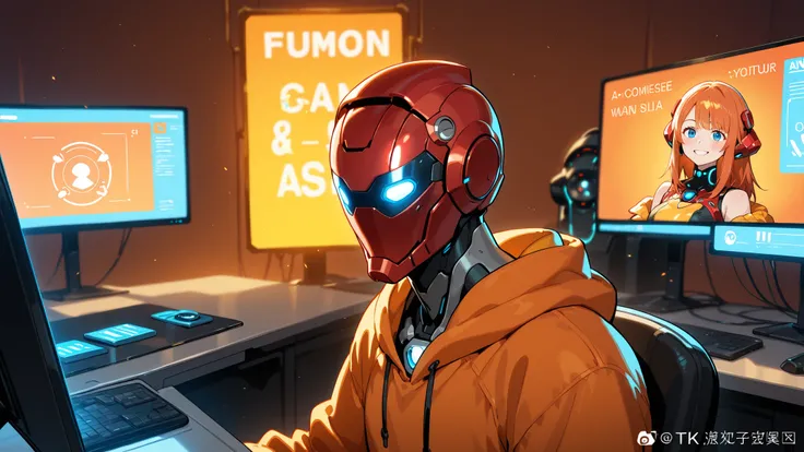 A futuristic VTuber-style talking avatar sitting in a high-tech sci-fi workshop, facing the camera directly as if speaking to an audience, wearing a bright orange hoodie and a sleek red helmet with a glowing blue digital face display that shows expressive ...