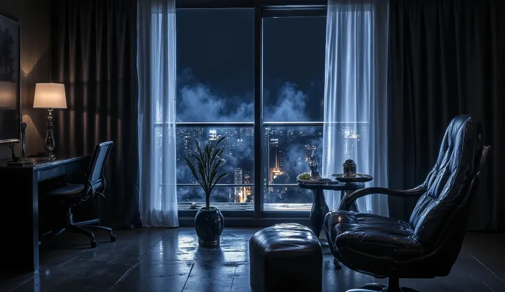 A sleek modern hotel room at night, city lights faintly visible through half-open curtains. Dim bluish light from the window, smoke haze in the air, reflections on a glass table and wet balcony. Realistic shadows and atmosphere, tense and sensual noir aest...