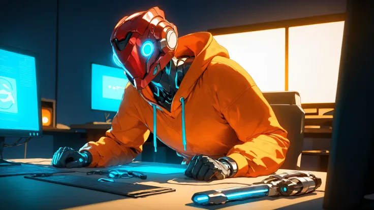 A futuristic anime-style man sitting in a high-tech workshop, wearing a bright orange hoodie and a red helmet with a digital blue face display showing expressive 2D anime-style eyes. The helmet’s screen emits a soft neon glow. The background is filled with...