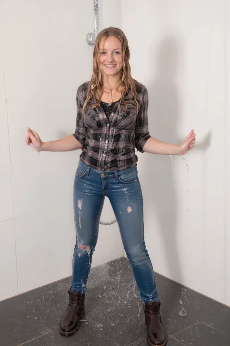 Uncensored, A girl with long blonde hair, very attractive 19-year old girl, soaking wet hair, viewed right from the front, full body view, enjoying being all wet, inviting smile, showing her teeth, looking into the camera, her arms spread to her side...