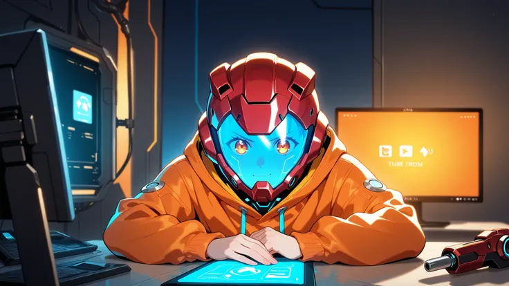 A futuristic youtuber-style talking avatar sitting in a high-tech sci-fi workshop, facing the camera directly as if speaking to an audience, wearing a bright orange hoodie and a spherical red helmet with a glowing blue digital face display that shows expre...