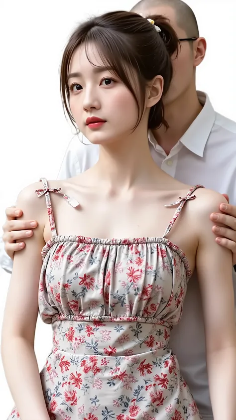 A high resolution photograph of a Japanese adult woman, wearing a floral print sundress, with orgasm face, in a ponytail with hair scrunchie,
(She stands indoors., She leans forward., viewed from the front:1.5). 
(A man behind the woman grabs her shoulders...