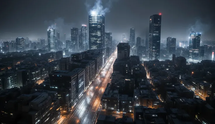 A panoramic view of a modern city at night under light fog. Skyscrapers illuminated by cold white lights, streets below glowing softly from wet reflections. Smoke rising between buildings, realistic shadows and depth, cinematic noir realism with tense and ...