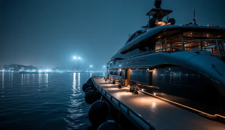 A luxurious yacht at night in the open marina. Deck glistening from sea mist, soft white lights reflecting on the wet surface, faint fog above the calm water. Modern metallic design, shadows and reflections giving cinematic realism, tense and mysterious at...