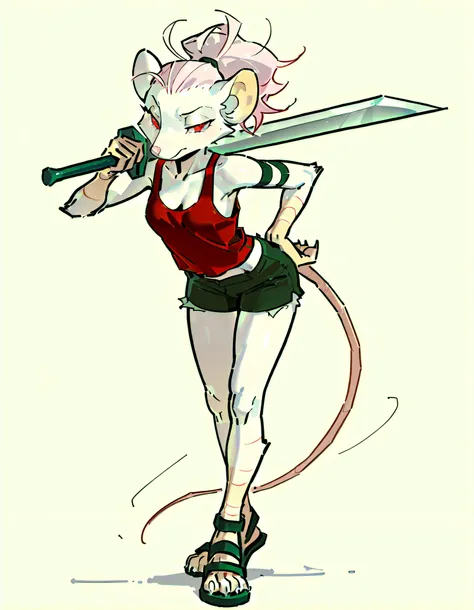 (((masterpiece))), (((Best Quality))), ((Ultra-detailed)), (anime Illustration), ((extremely delicate and beautiful)),solo, Full body, fantasy albino wererat girl, Fluffy Fur, furry, short pale pink hair, red eyes, rat head, rat ear, rat tail, ((ragged red...