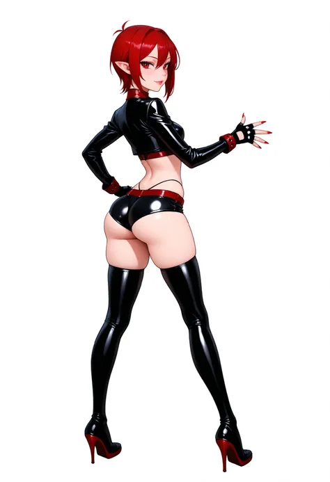 masterpiece, extremely high-quality art, sharp focus, detailed face, blank background, anime character design, solo, highly detailed apparel, vampire girl, lips, red and black leather outfit, thigh-highs, slim waist, big ass, tight shorts, midriff, fingerl...