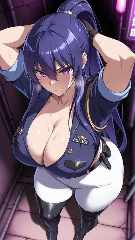 Darkness,Dark Back Alley,from above,Akiyama Rinko(ponytail),policewoman,good-looking woman,serious face,White Pants,belt,black thigh-high boots,dark navy blue jacket with arms rolled up,Exposed Cleavage,black gloves,thick thighs,arms behind head,sweat,ankl...