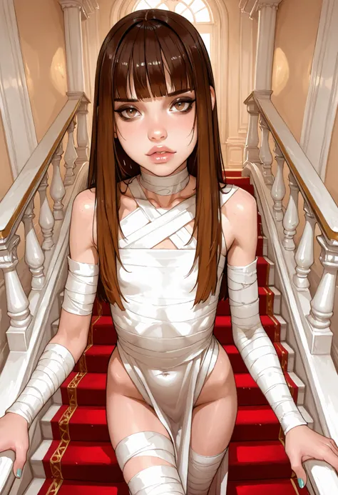 ((girl wearing dress made of gold and silver bandages)), masterpiece, detailed_eyes, high_quality, best_quality, highres, absurdres, 8k, score_9, 1girl, Western features, white girl, ((youth, slender body, young model)), ((short girl), (4k, 8K), brown hair...