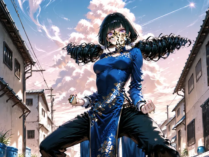 masterpiece, highest quality, Ultra High Quality, 40k, solo, Beautiful and delicate girl,
long black hair, drill hair, Diagonally cut bangs, low twin tail, blown eyes, (medium breasts),
blue China dress with gold floral embroidery,
black shorts, 
BREAK.
ku...