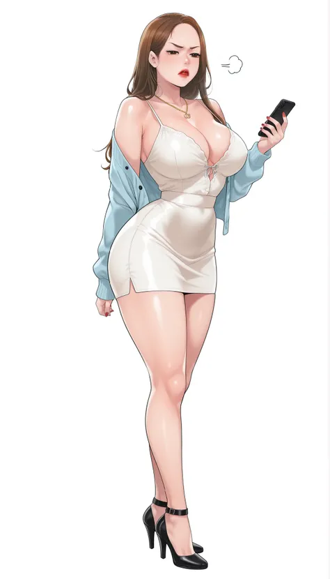 Yumi (New Town), a beautiful extremely sexy woman with long glowy sleek honey-brown hair, big deep-brown eyes, bimbo plump round red lips, bright red nails, extremely fair white glowy skin, a cinched small tight narrow waist, an hourglass figure, big breas...