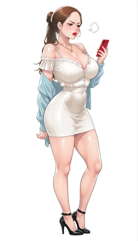 Yumi (New Town), a beautiful extremely sexy woman with long glowy sleek honey-brown hair, big deep-brown eyes, bimbo plump round red lips, bright red nails, extremely fair white glowy skin, a cinched small tight narrow waist, an hourglass figure, big breas...