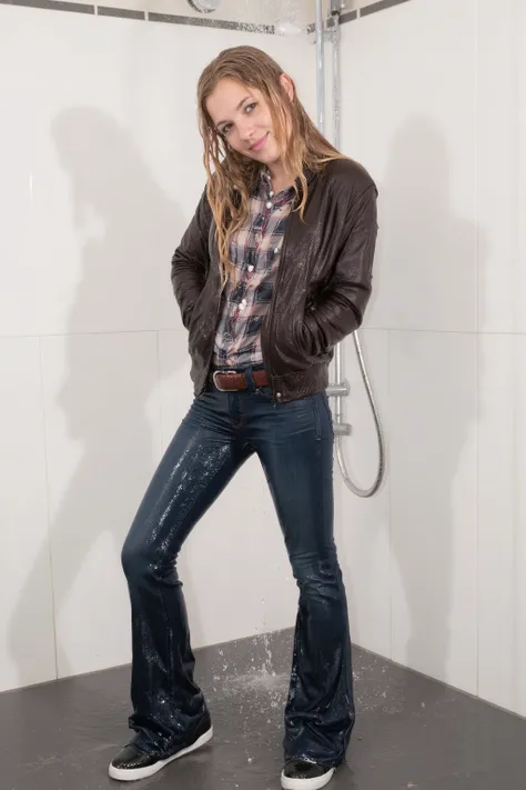 Uncensored, Portrait of a girl with long blonde hair, soaking wet hair, very attractive 21-year old girl, seen right from the front, seen from a distance, without distortion, looking into the camera, standing with legs spread out , enjoying being all wet,...