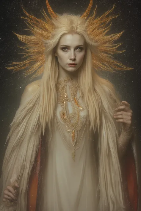 best, highest quality, ultra high resolution, masterpiece, hyperreal impressionistic full portrait done in a surreal dark fantasy style, what appears to be a gorgeous 20 year old albino vixen is something cosmic that towers over planets in its true form, a...