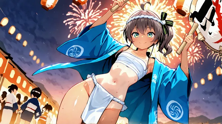 masterpiece, best quality, very aesthetic, high resolution, ultra-detailed, absurdres, newest, outdoors, japanese festival, fireworks, evening, natsuiro matsuri, 18+, multicolored eyes, shiny skin, sweating, bikini tanlines, small breasts, narrow waist, bl...