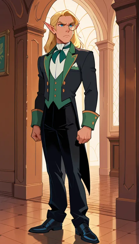 (masterpiece, vibrant colors), disney animation, solo, 1guy, Elf, pointed ears, blonde hair, long hair, blue eye, monocle, black tailcoat, green cravat, white shirt, brown, black silk pants, black shoes, (serious , curious, determined), broadway vibes, s...