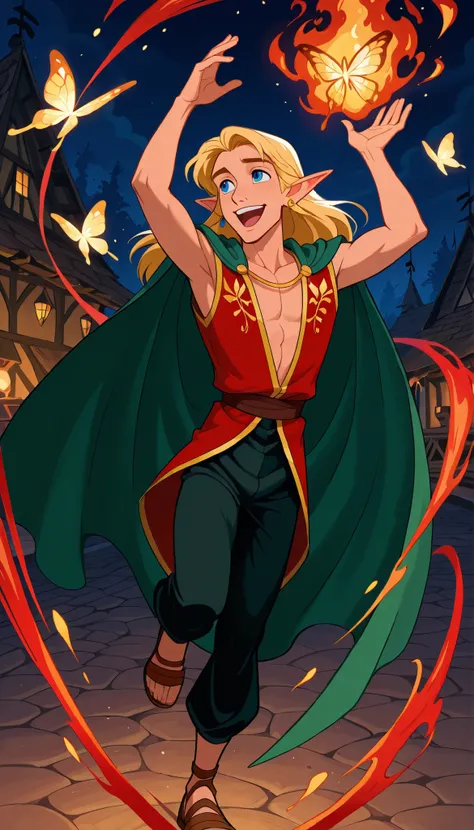(masterpiece, vibrant colors), disney animation, solo, 1guy, Elf, pointed ears, blonde hair, long hair, blue eye, earrings, bare chest, (red silk sleeveless vest, golden images of eagles on vest), green cape, shimmering striped black pants, brown sandals...