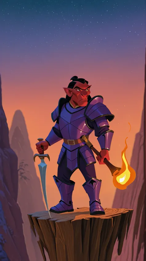 DISNEY_ANIMATION. A buff male hobgoblin, red skin, big nose, long black hair, dressed in purple armor, iron boots, wielding a scimitar in one hand, holding a torch in the other, hunting horn on hip, standing on a wooden platform in the mountains, evening s...