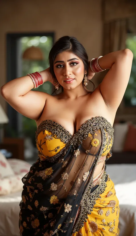 Indian beautiful woman sexy bhabhi, Hands up sexy pose,showing dark armpits,strapless Sleeveless blouse,very deep cleavage,curvy plus size model wearing transparent embroidery black satin embroidery floral color saree ,strapless sleeveless yellow blouse, p...