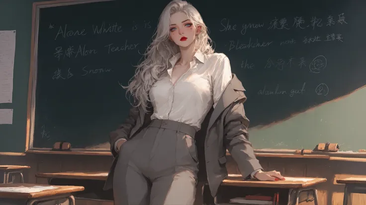 {{masterpiece}}, {{high detail}}, one woman, solo, alone. 25 years old. Snow-white, long, flowing hair. Piercing blue eyes, a stern look, a serious face. Red lipstick. She is wearing a gray business suit, gray pants, a gray jacket, and a white shirt. Stand...