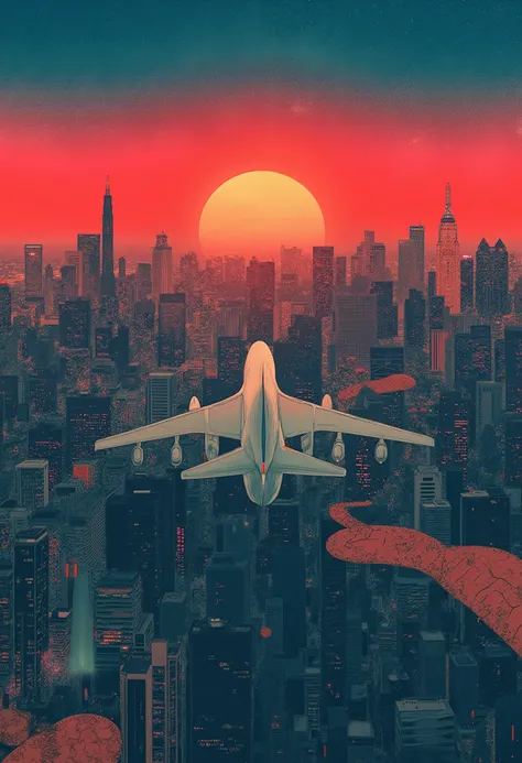 airplane flying in the sunset, view from behind, japanese citypop 80s style