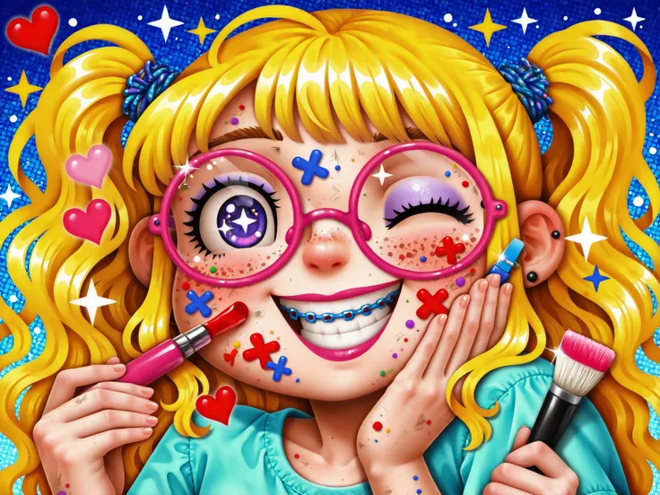 cartoon girl, braces, acne, pimples, freckles, large glasses, round glasses, shiny teeth, big smile, cartoon eyes, sparkling eyes, purple eyes, blue eyes, blonde hair, curly hair, wavy hair, long hair, yellow hair, blushing cheeks, happy expression, excite...