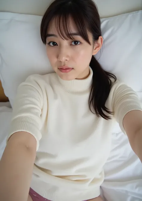 最High Quality Wavy Linesの女の子、selfie、 Staring at Viewers、 Split Sheet、 Room、 from above、 turtleneck sweater and panties、 thin body、 sit on bed, cover crotch, A woman with a big bust、dark haired、ponytail from Yubi's point of view、Japanese、wearing baggy t-shi...