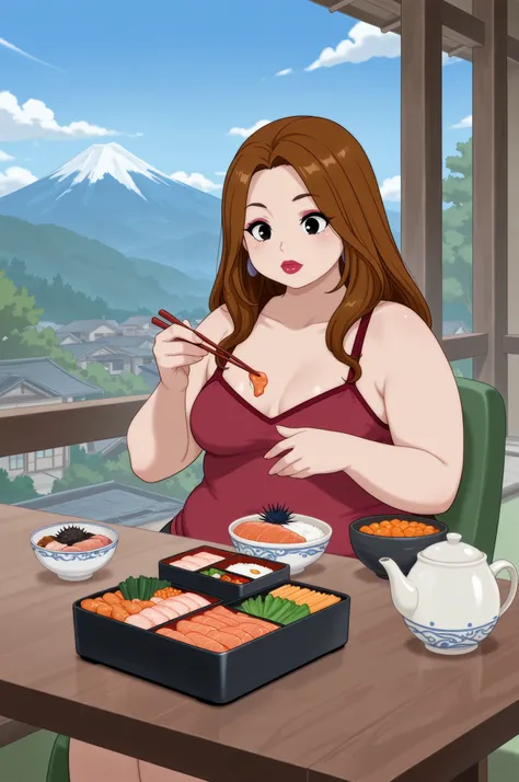 Debra, small breasts. Pale red lipstick, brown hair, black eyes, pale red makeup, long hair, thick hips, chubby, overweight, chubby, fat, mature woman..| score_9, score_8_up, score_7_up, anime, solo, 1girl, one girl, sensitive, upper body,  shinkansen, ins...