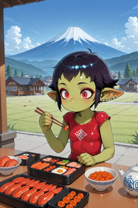 female punk, greasy rainbow very short hair, red eye , facial piercings, eye makeup, flat breasts, meduim hips, (goblin girl:1.0) (shortstack:1.0) (green skin:1.0) score_9, score_8_up, score_7_up, anime, solo, 1girl, one girl, sensitive, upper body,  shink...