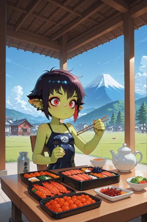 female punk, greasy rainbow very short hair, red eye , facial piercings, eye makeup, flat breasts, meduim hips, (goblin girl:1.0) (shortstack:1.0) (green skin:1.0) score_9, score_8_up, score_7_up, anime, solo, 1girl, one girl, sensitive, upper body,  shink...