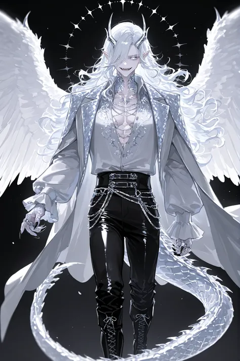 Male character it's a middle-aged mature dragon hybrid. He has snow-white silver metallic skin, muscular, masculine build, and pointed ears. He has silver-white dragon scales, metallic horns , silver-white metallic scaly dragon tail with spikes, and silver...