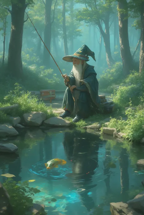 A scene where the wizard's grandfather, who has a retired vibe, hangs a fishing line in the pond,nostalgic and warm、where fantasy intersects,The stage is a small pond in a quiet forest,Morning Mist,time period when soft light shines in,calm and peaceful,A ...