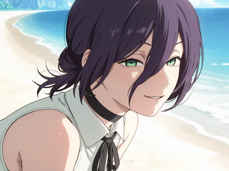 masterpiece, best quality, newest, very awa, masterpiece, best quality, absolutely absurdres, proportional body, proportional, beautiful hair, beautiful face, newest, anime screencap,reze, black choker, purple hair, choker, eyebrows hidden by hair, green ...