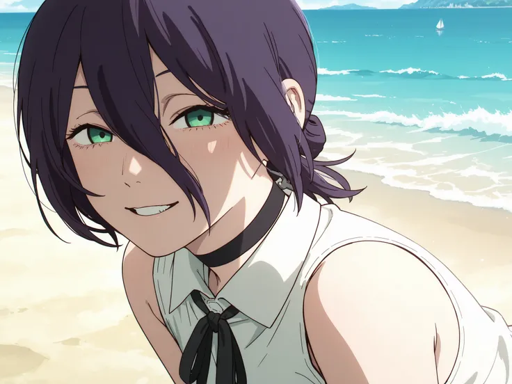 masterpiece, best quality, newest, very awa, masterpiece, best quality, absolutely absurdres, proportional body, proportional, beautiful hair, beautiful face, newest, anime screencap,reze, black choker, purple hair, choker, eyebrows hidden by hair, green ...