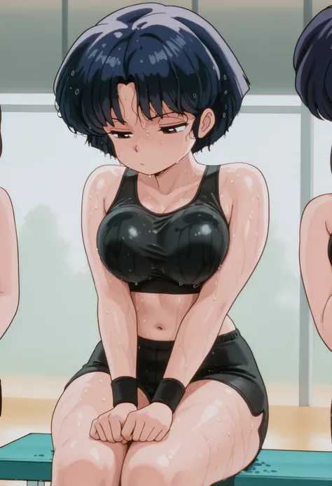 akane tendou, dark blue hair, short hair, ojos cafes, Medium breasts, NSFW,  hair on face , wet hair, abdomen sexy, pose sexy, sexy waist,  sexy hips, workout clothes, black workout top, black shorts, bare navel, sweat, vapor corporal, blushed, gym, expres...