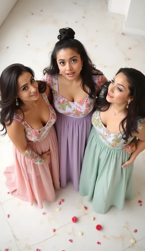 Three beautiful curvy female models stand together in a surprised expression, captured from a top-view perspective. Each has a uniquely cute and curvy face with widened expressive eyes and parted lips, as if reacting to unexpected news. They wear elegant, ...