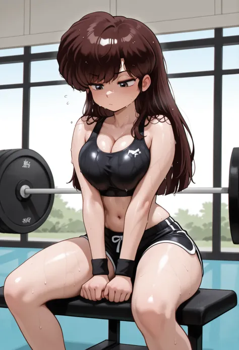 uk (ranma 1/2), dark brown hair, long hair, ojos cafes, pechos grandes, NSFW,  hair on face , wet hair, abdomen sexy, pose sexy, sexy waist,  sexy hips, workout clothes, black workout top, black shorts, bare navel, sweat, vapor corporal, blushed, gym, expr...