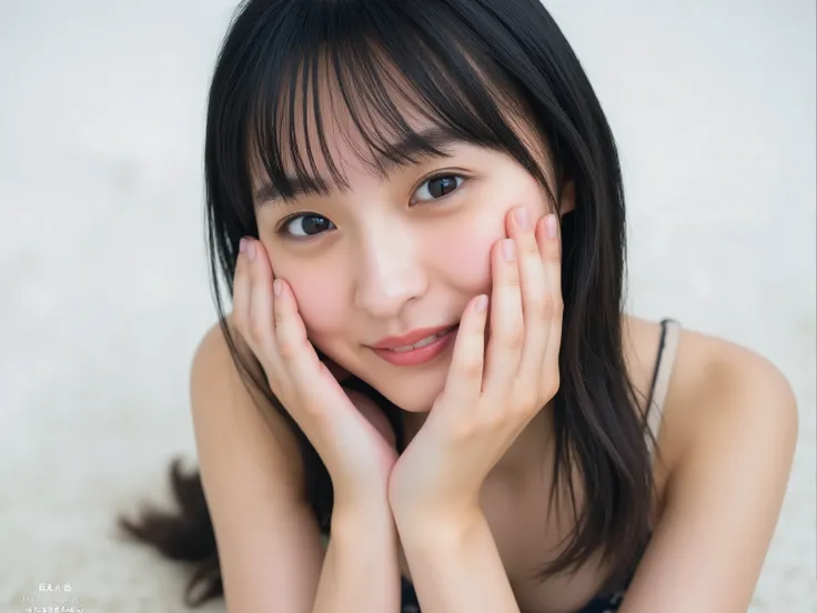 (Refined from an old photo, recreated in a modern, ultra high-quality photorealistic style, with a trendy Reiwa-era hairstyle: soft semi-long hair with natural waves and airy see-through bangs),
Ultra photorealistic close-up portrait of a beautiful Japan...