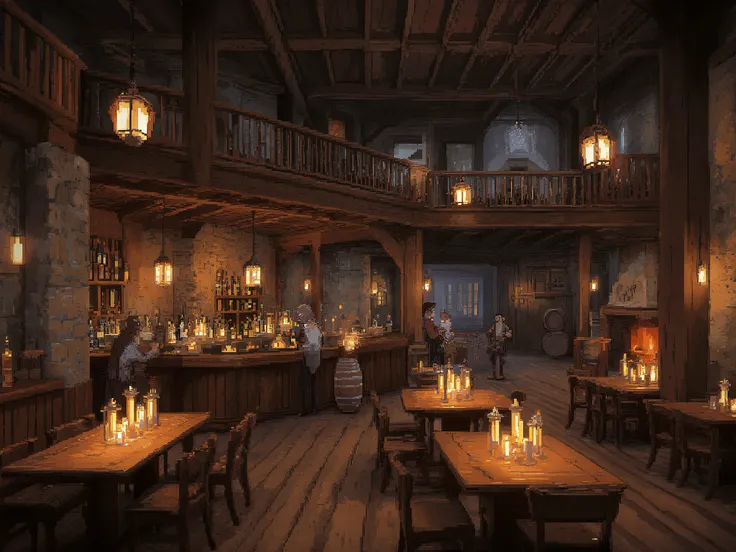 Large pixel art HD-2D fantasy tavern interior inspired by Octopath Traveler, wide spacious hall with multiple wooden tables, glowing candles and lanterns creating warm cinematic lighting, long wooden bar counter with bottles and barrels behind, stone firep...