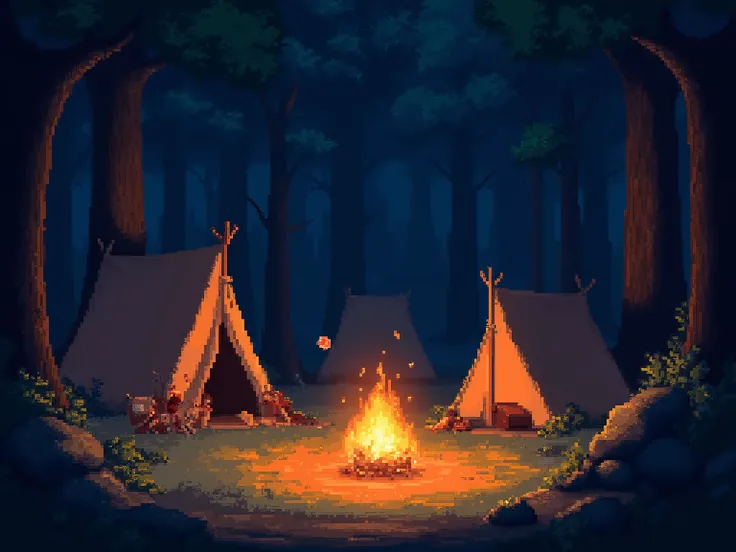 “Pixel art RPG forest clearing with a warm campfire in the center, flickering orange light illuminating tents and adventurers’ gear, shadows dancing on tree trunks, nighttime setting, Octopath Traveler HD-2D aesthetic with cinematic lighting and realistic ...