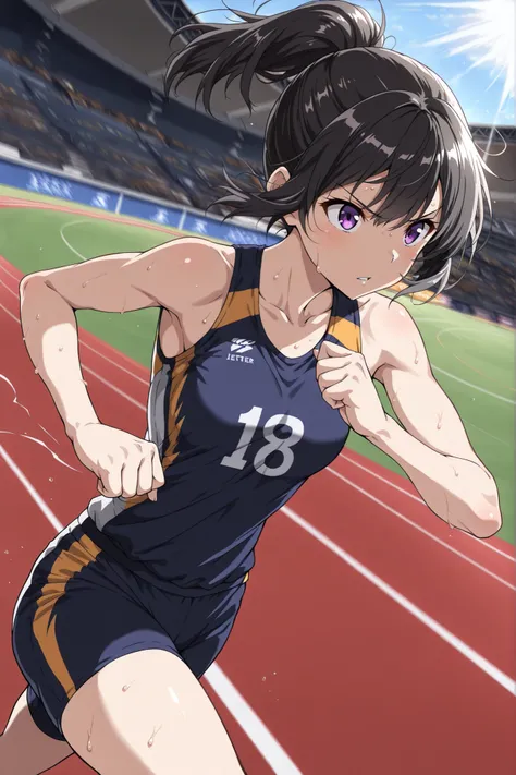 ((masterpiece),(absurdres),(ultra detailed),(beautiful detailed), solo lady,(21-year-old),black hair,purple eyes,(shoulder length hair,short ponytail,highponytail),bangs,(1white hairribbon:0.8),(middle breast:0.7), explosive start dash scene, track and f...