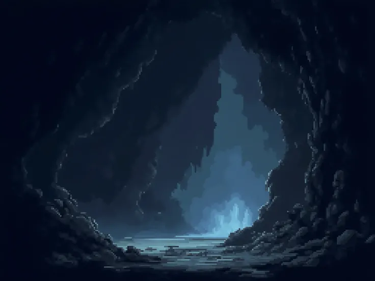 “Pixel art HD-2D unexplored cave inspired by Octopath Traveler, completely dark interior with no visible light sources, subtle ambient glow only hinting at stone shapes, heavy fog near the floor, jagged rocks and dripping water, deep shadows and cinematic ...