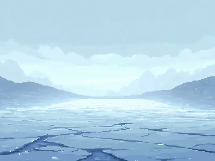 “Pixel art HD-2D frozen glacier plain inspired by Octopath Traveler, vast flat icy expanse with cracked ice and scattered ridges, faint snowstorm blowing across the surface, subtle light from an overcast sky, minimal distant mountains barely visible on the...