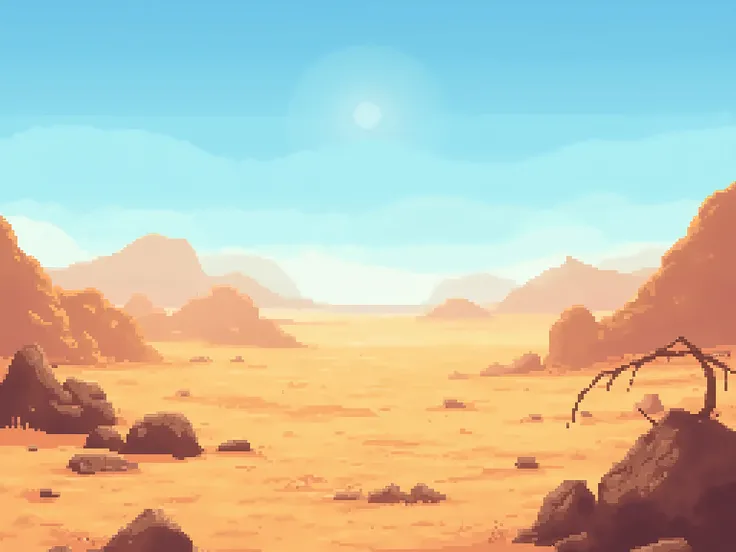 realistic pixel art desert landscape, vast dunes of sand under a scorching sun, dry cracked ground in the foreground, scattered rocks and withered shrubs, faint mirage on the horizon, occasional bones half-buried in the sand, clear blue sky fading into hea...