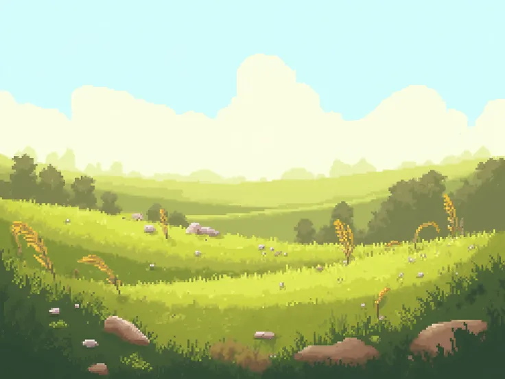 realistic pixel art open grassland, tall grass swaying in the breeze, rolling hills and patches of earth, small wildflowers and rocks scattered, distant treeline under pale blue sky, warm natural lighting, detailed pixel texture, RPG adventure background