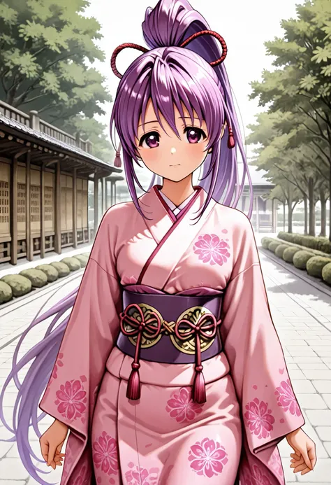 _Ieyasu _(Sengoku_Otome), purple hair, very long hair, purple eyes, high ponytail, medium chest,Kimono、日本のKimono、長袖のKimono , (masterpiece , detail:1 . 2) , University , Outdoors、cowboy shot ,