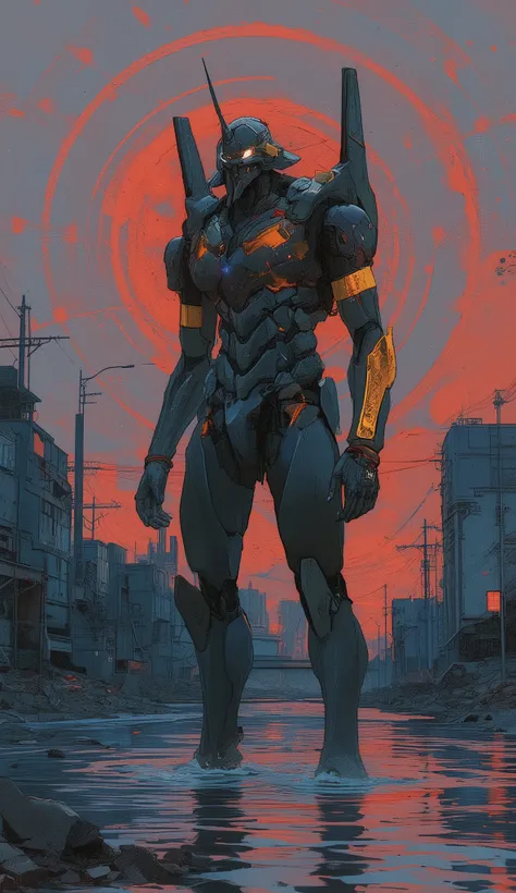 A giant humanoid robot is in the river々standing with a sparkling hat, Its dark shape contrasts brightly, fiery red and black armor, Shimmering in ambient light. wide-angle shots that capture the whole body, advanced interface , sharp angular design that s...