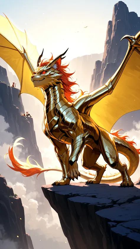 high-definition images、Red eyed cat girl、is riding a golden dragon on a cliff and smiling