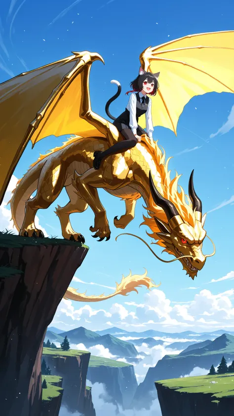 high-definition images、Red eyed cat girl、is riding a golden dragon on a cliff and smiling