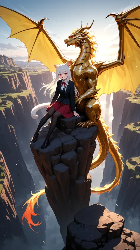 high-definition images、Red eyed cat girl、is riding a golden dragon on a cliff and smiling